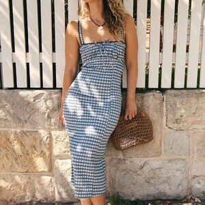 Free People Lucinda Plaid Print Tank Midi Dress Smocked Ruched Ruffle S